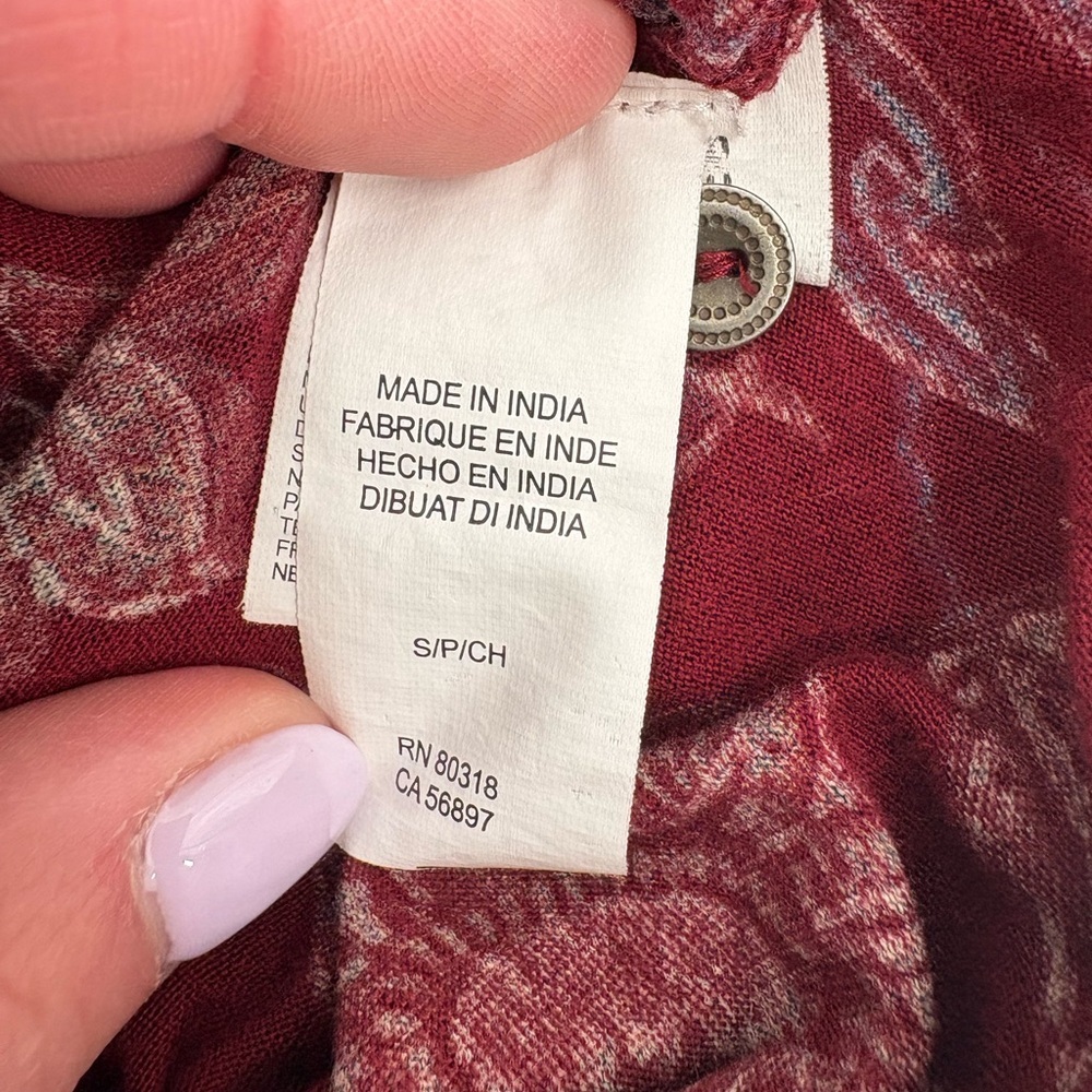 Lucky Brand Burgundy Boho Floral Paisley Peasant Henley Top | Small - Picture 8 of 8